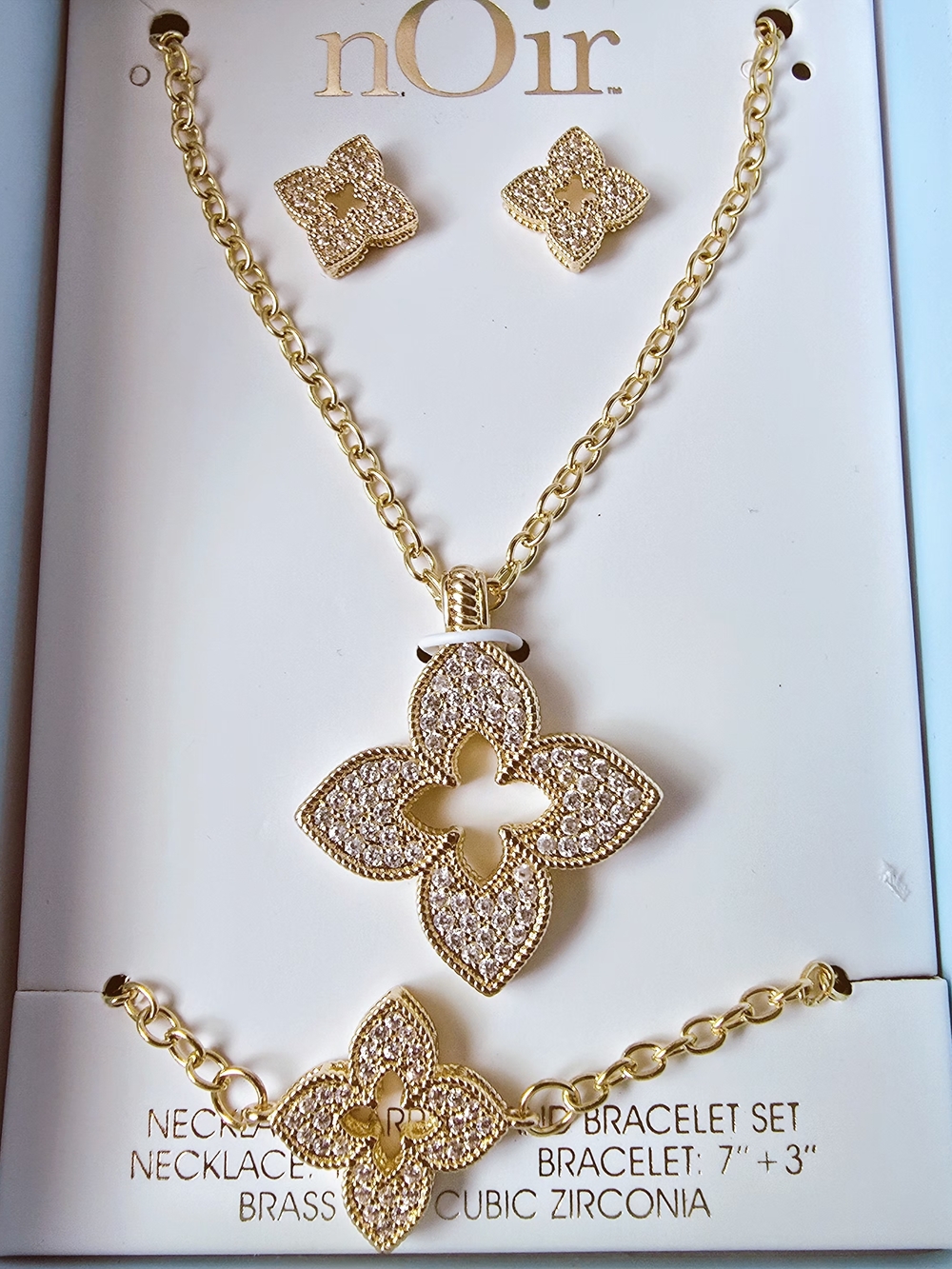 nOir Jewelry Gold Cubic Zirconia Floral Necklace, Bracelet & Earring Clover‎ Set